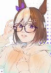 1girl animal_ears bow brown_hair collarbone commentary_request ear_bow glasses hood hoodie horse_ears horse_girl looking_at_viewer multicolored_hair oki_(koi0koi) partial_commentary polka_dot polka_dot_background purple_bow short_hair smile solo special_week_(umamusume) striped_hair two-tone_hair umamusume upper_body violet_eyes white_hair 