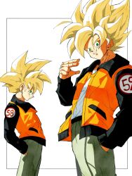  2boys blonde_hair dragon_ball dragon_ball_z father_and_son green_eyes green_pants hands_in_pockets highres jacket looking_at_viewer matching_outfits multiple_boys open_clothes open_jacket orange_jacket pants pato007711 simple_background smile son_gohan son_goku super_saiyan super_saiyan_1 