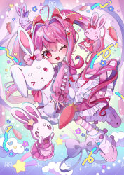  3girls absurdres ahoge animal_slippers apron blush bow bunny_slippers carrot chibikemo commentary_request dress fang frills furry furry_female hair_between_eyes hair_bow heart heart_ahoge highres lolita_fashion long_sleeves loose_socks mayokichi_(user_vacf3782) mini_person minigirl multiple_girls one_eye_closed open_mouth original pink_dress pink_hair pink_slippers pink_theme pom_pom_(clothes) purple_bow rabbit rabbit_girl red_bow red_eyes skin_fang slippers smile socks solo_focus stuffed_animal stuffed_rabbit stuffed_toy sweet_lolita twintails white_apron yume_kawaii 