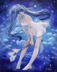  1girl bare_legs bare_shoulders barefoot blue_eyes blue_hair breasts calla_lily clouds commentary_request dress flower full_body highres holding holding_flower leaning_forward long_hair oil_painting_(medium) original painting_(medium) ringodrawing sky sleeveless sleeveless_dress small_breasts solo star_(sky) star_(symbol) starry_sky traditional_media twintails white_dress white_flower 