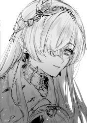 1girl anastasia_(fate) doll earrings fate/grand_order fate_(series) greyscale hair_over_one_eye hairband jewelry long_hair monochrome portrait smile sumi_2222 twitter_username 