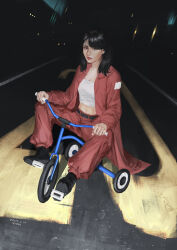  1girl 2024 absurdres armald0 artist_name black_hair commentary dated english_commentary highres long_hair navel original riding_tricycle solo tricycle 