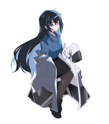  1girl black_boots black_hair black_pantyhose black_skirt blue_eyes blue_shirt boots coat collared_shirt commentary_request female_professor_(neural_cloud) full_body girls&#039;_frontline_neural_cloud girls_frontline lab_coat long_hair looking_at_viewer off_shoulder open_mouth pantyhose pencil_skirt professor_(neural_cloud) shiraeda shirt simple_background skirt solo white_background white_coat 