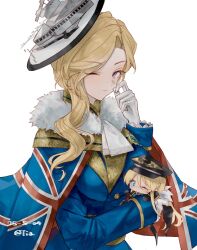  1girl ascot azur_lane bismarck_(azur_lane) black_hat blonde_hair blue_capelet blue_coat blue_eyes capelet character_doll coat doll earrings frilled_ascot frills gloves hair_between_eyes hair_over_shoulder hat highres holding holding_doll hood_(azur_lane) jewelry long_hair long_hair_between_eyes long_sleeves looking_at_viewer one_eye_closed tiatan tilted_headwear union_jack_print white_gloves 