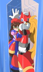  1boy 1girl armor blonde_hair blush brown_hair embarrassed full_body green_eyes hat helmet highres iris_(mega_man) long_hair mega_man_(series) mega_man_x_(series) miralie4th red_armor red_hat red_helmet zero_(mega_man) 