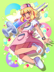  1boy :d ash_ketchum blonde_hair blunt_bangs bow bracelet brown_eyes commentary_request crossdressing cyaneko eyelashes full_body hat highres holding holding_syringe jewelry large_syringe male_focus open_mouth oversized_object pink_bow pink_hat pink_skirt pokemon pokemon_(anime) pokemon_sm_(anime) sandals shirt short_hair short_sleeves skirt smile solo syringe teeth toes upper_teeth_only z-ring 