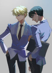  2boys absurdres black_hair black_necktie blonde_hair blue_jacket cement_mori glasses hand_in_pocket highres jacket long_sleeves male_focus multiple_boys necktie ootori_kyouya ouran_high_school_host_club school_uniform simple_background smile standing suou_tamaki violet_eyes 