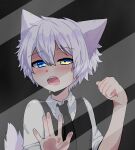  1boy animal_ears black_necktie blue_eyes blush english_commentary heterochromia highres kissumi_kyouka long_sleeves looking_at_viewer lumine_(lumine_(webtoon)) lumine_(webtoon) necktie open_mouth sleeves_rolled_up solo tail upper_body yellow_eyes 