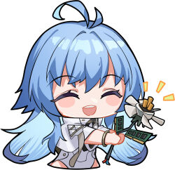  1girl :d ahoge artist_request blue_hair chibi chibi_only chinese_commentary closed_eyes electrical_connector eniac_(neural_cloud) flower girls&#039;_frontline_neural_cloud girls_frontline holding holding_flower leotard long_hair official_art ram_(computer) second-party_source shawl smile solo teeth twintails upper_teeth_only white_leotard white_shawl 