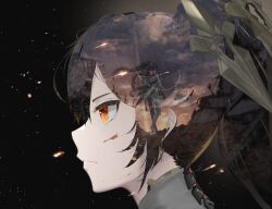  1girl absurdres black_hair closed_mouth from_side hair_between_eyes highres long_hair lucia:_pyroath_(pgr) lucia_(pgr) mechanical_spine parted_bangs punishing:_gray_raven red_eyes saif_artz sidelocks solo twintails 