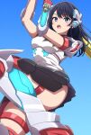  1girl acceptor ass black_hair black_skirt blue_eyes blush bow breasts cosplay gridman_(ssss) gridman_(ssss)_(cosplay) gridman_calibur gridman_universe gridman_universe_(film) highres holding holding_sword holding_weapon long_hair looking_at_viewer mecha_musume noshimurin school_uniform shirt skirt sword takarada_rikka thighs weapon white_armor 