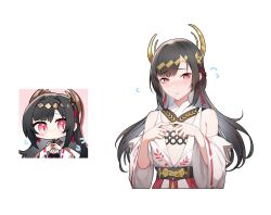  1girl black_hair blush chibi detached_sleeves flat_chest girls&#039;_frontline_neural_cloud girls_frontline highres index_fingers_together kimie_(neural_cloud) long_hair nontraditional_miko pink_eyes redrawn reference_inset thatob upper_body very_long_hair 