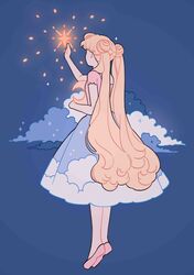  1girl absurdres bishoujo_senshi_sailor_moon blonde_hair blue_background clouds crescent_moon double_bun facing_away full_body hair_bun highres long_hair meyoco moon pink_footwear pink_shirt shirt shoes short_sleeves simple_background solo sparkle tsukino_usagi twintails very_long_hair 