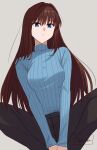  1girl aozaki_aoko black_pants blue_eyes blue_sweater brown_hair closed_mouth commentary_request grey_background hair_intakes highres long_hair long_sleeves looking_at_viewer mahou_tsukai_no_yoru pants ribbed_sweater shintyoi2 simple_background sitting solo striped striped_sweater sweater turtleneck turtleneck_sweater vertical_stripes 