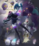  1girl absurdres aqua_hair banette black_thighhighs detached_sleeves drifloon duskull fire ghost ghost_miku_(project_voltage) glitch gradient_hair graveyard grey_shirt hair_between_eyes hatsune_miku highres litwick long_hair mimikyu mismagius moon multicolored_hair murkrow necktie nonkun pale_skin parted_lips pokemon pokemon_(creature) project_voltage red_eyes see-through see-through_skirt shirt skirt sleeves_past_fingers sleeves_past_wrists thigh-highs tombstone twintails very_long_hair vocaloid will-o&#039;-the-wisp_(mythology) woobat yellow_eyes zipper zipper_pull_tab zubat 