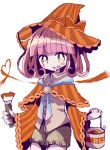  1girl blunt_bangs blush_stickers brown_shirt brown_shorts bucket buttons capelet character_request collared_shirt commentary_request cowboy_shot curly_hair hat hat_ribbon holding holding_bucket holding_paintbrush kirby_(series) long_sleeves looking_at_viewer no_nose oekaki open_mouth orange_capelet orange_headwear orange_ribbon paint_can paintbrush personification pink_hair ribbon shirt shorts simple_background sketch solo striped striped_headwear usagi_nui white_background yellow_eyes 