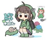  2girls :&lt; :3 ahoge alternate_costume animal_costume animalization backpack bag black_bag blade blue_flower blue_ribbon blunt_bangs blush boots brown_hair character_name chibi chibi_inset coat commentary_request ebi_gohan flower frog_brooch frog_costume green_coat green_footwear hair_ribbon headgear headgear_through_hood highres hood hooded_coat hydrangea kotonoha_akane kotonoha_aoi long_hair looking_at_animal multiple_girls pink_flower pink_hair pleated_skirt puddle purple_skirt raincoat randoseru red_eyes red_ribbon ribbon rubber_boots skirt snail socks solid_oval_eyes squatting tadpole touhoku_kiritan translation_request voiceroid white_socks 