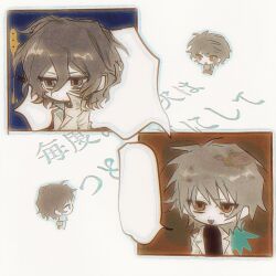  2boys black_eyes black_hair black_shirt blank_speech_bubble brown_hair chibi chinese_commentary closed_mouth commentary_request hair_between_eyes harada_minoru highres jacket lapels male_focus multiple_boys notched_lapels omgkann open_clothes open_jacket open_mouth red_eyes saibou_shinkyoku shirt short_hair smile speech_bubble teardrop translation_request utsugi_noriyuki white_jacket 