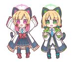  2girls animal_ear_headphones animal_ears black_footwear black_skirt black_thighhighs blonde_hair blue_archive blue_bow blue_necktie bow collared_shirt fake_animal_ears full_body green_eyes green_halo hair_bow halo headphones jacket long_sleeves makiemon midori_(blue_archive) momoi_(blue_archive) multiple_girls necktie open_clothes open_jacket open_mouth pink_hair pleated_skirt red_bow red_footwear red_halo shirt shoes short_hair siblings simple_background sisters skirt smile thigh-highs twins white_background white_jacket white_shirt 