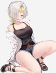  1girl blonde_hair breasts grey_eyes grey_hair highres kromer_(limbus_company) large_breasts limbus_company looking_at_viewer medium_hair migishita multicolored_hair project_moon simple_background thighs two-tone_hair white_background 