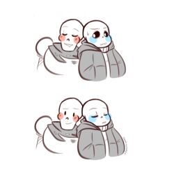  2boys 2d 2koma armor artist_name brothers cape closed_eyes cropped_torso digital_media duo hood hood_down hooded_jacket humanoid jacket leaning_on_person male male_focus male_only monochrome monster monster_boy multiple_boys open_jacket papyrus_(undertale) sans_(undertale) sharpie-nosharepie shirt siblings simple_background sleeping spot_color teeth undead undertale white_armor white_background white_shirt 