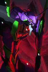  absurdres cowboy_shot eva_01 evangelion_(mecha) from_side glassesman highres horns mecha mecha_focus neon_genesis_evangelion open_mouth robot science_fiction single_horn solo standing yellow_eyes 
