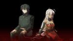  black_background black_dress black_hair black_suit breasts czzs2023 dress formal minato_kageaki nitroplus orange_eyes pointy_ears red_dress sansei_muramasa simple_background sitting soukou_akki_muramasa suit white_hair 