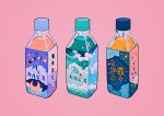  absurdres bottle calpis clouds constellation crescent_moon drink full_moon gibbous_moon half_moon highres label meyoco moon moon_phases new_moon no_humans original pink_background seigaiha simple_background sparkle star_(sky) waves 