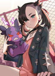  1girl asymmetrical_bangs black_choker black_hair black_jacket black_nails blush chain-link_fence choker city closed_mouth dress earrings fence green_eyes hair_ribbon jacket jewelry long_sleeves looking_at_viewer marnie_(pokemon) morpeko morpeko_(hangry) open_clothes outdoors pink_dress pokemon pokemon_(creature) pokemon_swsh red_ribbon ribbon setta_shu sky solo twintails 