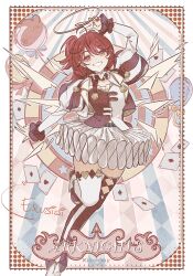  1girl :d arknights arm_up artist_name card character_name chinese_commentary commentary_request copyright_name earrings english_text exusiai_(arknights) exusiai_the_new_covenant_(arknights) foot_out_of_frame grin hair_between_eyes halftone highres jewelry long_sleeves looking_at_viewer medium_hair orange_eyes playing_card red_hair smile solo star_(symbol) tutu v v_over_head ya_(witchroy) 