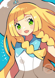  1girl :d anidler91 blonde_hair blue_background braid dress eyelashes green_eyes hat highres lillie_(pokemon) long_hair open_mouth pokemon pokemon_sm sleeveless sleeveless_dress smile solo twin_braids white_dress white_hat 