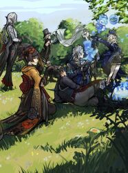  3boys 4girls annoyed arlecchino_(genshin_impact) black_hair blonde_hair blue_hair book bubble cake cake_slice chiori_(genshin_impact) closed_mouth coat day detached_sleeves djang0art familiar food furina_(genshin_impact) genshin_impact gentilhomme_usher gloves grass grey_hair hair_ornament hair_stick hat highres holding holding_book japanese_clothes kimono long_hair long_sleeves looking_at_another low_ponytail lying lynette_(genshin_impact) lyney_(genshin_impact) mademoiselle_crabaletta multicolored_hair multiple_boys multiple_girls neuvillette_(genshin_impact) on_grass on_ground on_side open_book open_mouth outdoors pants picnic ponytail reading shirt short_hair shorts sitting smile standing surintendante_chevalmarin top_hat two-tone_hair very_long_hair white_hair wriothesley_(genshin_impact) 
