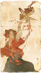  1girl absurdres ahoge bag bird black_skirt border bow branch brown_background brown_bag brown_eyes brown_hair chinese_clothes cowboy_shot double_bun eyelashes falling_petals flower hair_bobbles hair_bow hair_bun hair_ornament hanfu happy highres holding_kite kite layered_sleeves light_blush long_skirt long_sleeves mei_ren open_mouth original paper_background petals plum_blossoms puffy_long_sleeves puffy_sleeves red_bow red_flower red_hanfu red_ribbon ribbon running shirt short_hair short_over_long_sleeves short_sleeves shoulder_bag skirt smile solo swallow_(bird) waist_ribbon watermark weibo_watermark white_border white_shirt wide_sleeves 