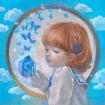  1girl blue_bow blue_butterfly blue_eyes blue_gemstone blue_sky blunt_bangs bow braid bug butterfly child clouds commentary_request gem hair_bow highres looking_at_object oil_painting_(medium) orange_hair original painting_(medium) portrait ringodrawing sailor_collar shirt short_hair sky smile solo traditional_media white_sailor_collar white_shirt 