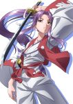  1girl cowboy_shot gyouza_(mhea5724) highres holding holding_sword holding_weapon japanese_clothes katana long_hair long_sleeves meira_(touhou) open_mouth ponytail purple_hair redhead sheath solo sword touhou touhou_(pc-98) weapon wide_sleeves 