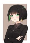  1girl allmind_(armored_core_6) armored_core armored_core_6 black_hair black_necktie black_suit blush border breasts brown_background character_logo commentary_request crossed_arms earrings green_eyes green_hair grey_shirt highres hime_cut i.u.y jewelry looking_at_viewer mole mole_under_eye multicolored_hair necktie office_lady outside_border personification shirt short_hair small_breasts solo suit triangle_earrings white_border 
