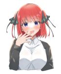  1girl :d black_jacket black_ribbon blue_eyes blunt_bangs blush breasts butterfly_hair_ornament casual commentary_request cropped_torso dress_shirt eyelashes go-toubun_no_hanayome hair_ornament hair_ribbon hand_to_own_mouth hand_up head_tilt highres jacket kakato_0 large_breasts long_sleeves looking_at_viewer medium_hair nakano_nino open_mouth redhead ribbon shirt smile solo straight-on straight_hair tsurime twitter_username two_side_up white_shirt 