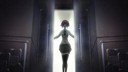  1girl baggy_shorts black_necktie black_thighhighs breasts brown_shorts chair chaos;child collared_shirt dim_lighting ears_visible_through_hair facing_viewer feet_up game_cg highres indoors long_sleeves medium_breasts movie_theater necktie non-web_source official_art onoe_serika opening opening_door pink_eyes pink_hair plaid_trim sasaki_mutsumi shirt short_hair short_hair_with_long_locks short_necktie shorts sidelocks solo split_mouth swept_bangs theater theater_seating thigh-highs white_shirt 