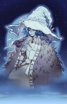  1girl blue_eyes blue_hair blue_skin cloak colored_skin cracked_skin dress elden_ring english_commentary extra_arms extra_faces fur_cloak hat hat_ornament highres large_hat long_hair moon outdoors oxcoxa ranni_the_witch sky solo star_(sky) starry_sky steepled_fingers wavy_hair white_dress witch_hat 