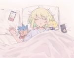  1boy alternate_costume bed bed_sheet blanket blonde_hair cellphone character_doll closed_eyes galo_thymos kome_1022 lio_fotia lying male_focus on_back on_bed open_mouth otoko_no_ko phone pillow promare short_hair sleeping smartphone solo under_covers violet_eyes 