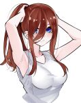  1girl alternate_costume alternate_hairstyle armpits arms_up blue_eyes blush breasts brown_hair casual closed_mouth collarbone commentary double-parted_bangs eyebrows_hidden_by_hair eyelashes go-toubun_no_hanayome hair_between_eyes highres large_breasts long_hair looking_at_viewer mame1645 nakano_miku ponytail shirt sidelocks sleeveless sleeveless_shirt smile solo upper_body white_shirt 