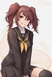  1girl ascot brown_eyes brown_hair commentary_request eondriver highres houndstooth kujikawa_rise looking_at_viewer persona persona_4 school_uniform skirt smile twintails yasogami_school_uniform yellow_ascot zettai_ryouiki 