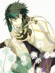 1boy al_cr91 chinese_clothes flower from_behind genshin_impact gloves green_gloves green_hair highres jewelry looking_at_viewer necklace pearl_necklace shirt short_hair simple_background solo white_background white_shirt xiao_(genshin_impact) yellow_eyes 