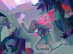  1boy absurdres chalk_outline crime_scene curtains highres jacket leaf male_focus open_mouth original paper plant shoes short_hair single_shoe single_sock smile socks solo xiaoquandianer 