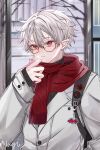  1boy bag earrings glasses grey_hair hair_between_eyes highres jacket jewelry kuzuha_(nijisanji) long_sleeves male_focus nagihaha nijisanji pointy_ears red_eyes red_scarf scarf shirt short_hair shoulder_bag solo virtual_youtuber white_jacket 