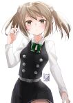  1girl bow bowtie brown_eyes collared_shirt cowboy_shot double_bun dress dress_shirt green_bow green_bowtie hair_bun highres kantai_collection kimura_shiki light_brown_hair long_sleeves looking_at_viewer michishio_(kancolle) michishio_kai_ni_(kancolle) one-hour_drawing_challenge pinafore_dress shirt short_hair short_twintails simple_background sleeveless sleeveless_dress solo twintails white_background white_shirt 