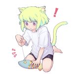  ! 1boy alternate_costume animal_ear_fluff animal_ears barefoot bike_shorts black_shorts cat_boy cat_ears cat_tail commentary fang fish green_hair highres kemonomimi_mode kneeling kome_1022 lio_fotia male_focus otoko_no_ko playing promare shirt short_hair shorts solo stuffed_animal stuffed_toy symbol-only_commentary tail toy v-shaped_eyebrows violet_eyes white_shirt 