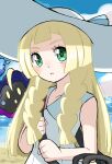  bag beach blonde_hair blunt_bangs blush braid clouds cloudy_sky cosmog dress emapippi green_eyes hat highres holding holding_bag lillie_(pokemon) long_hair looking_at_viewer ocean open_mouth pokemon sky sleeveless sleeveless_dress sun_hat twin_braids white_dress white_headwear 