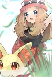  1girl absurdres blonde_hair blue_eyes eyewear_on_headwear fennekin hat highres jacket kurumiya_(krmy_p) long_hair pokemon pokemon_xy red_hat red_skirt serena_(pokemon) shirt skirt sleeveless sleeveless_duster sleeveless_shirt sunglasses turtleneck turtleneck_jacket 