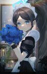  1girl absurdly_long_hair absurdres apron aris_(blue_archive) aris_(maid)_(blue_archive) black_dress black_hair blue_archive blue_eyes blue_flower blue_halo blush bottle closed_mouth commentary cup dress drinking_glass flower halo highres holding holding_flower jicha long_hair looking_at_viewer maid maid_apron maid_headdress puffy_short_sleeves puffy_sleeves short_sleeves smile solo symbol-only_commentary upper_body very_long_hair white_apron wine_glass 